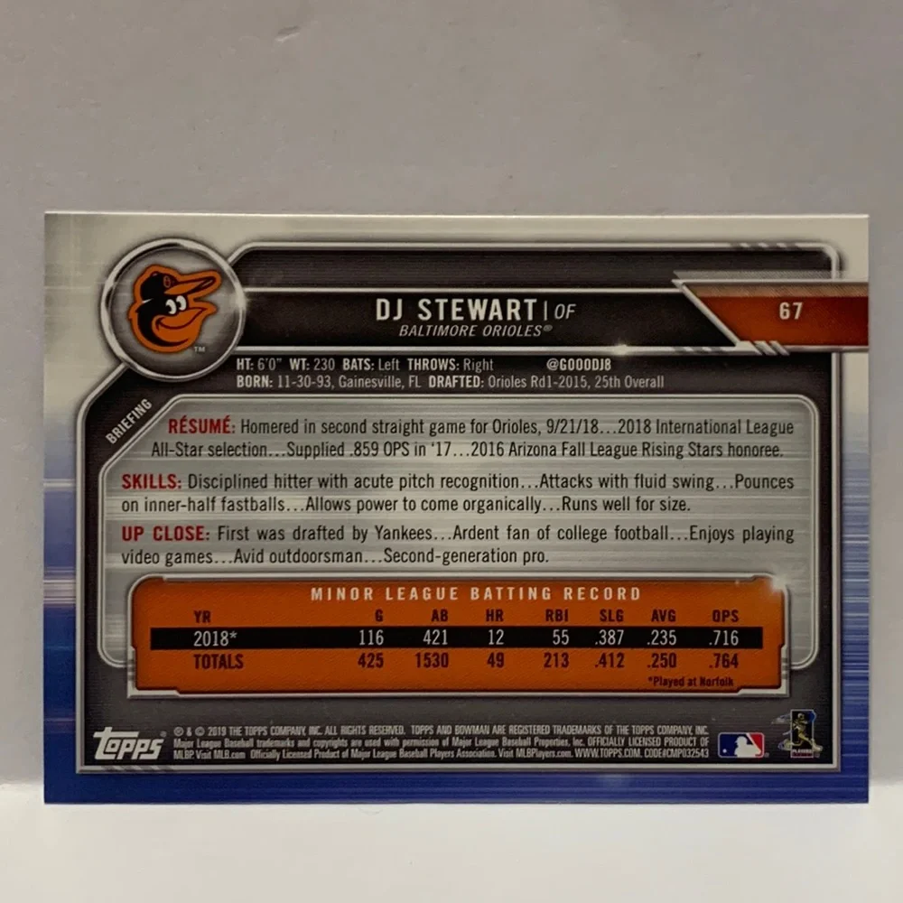 2019 Bowman DJ STEWART Orioles #67 (MISC9)